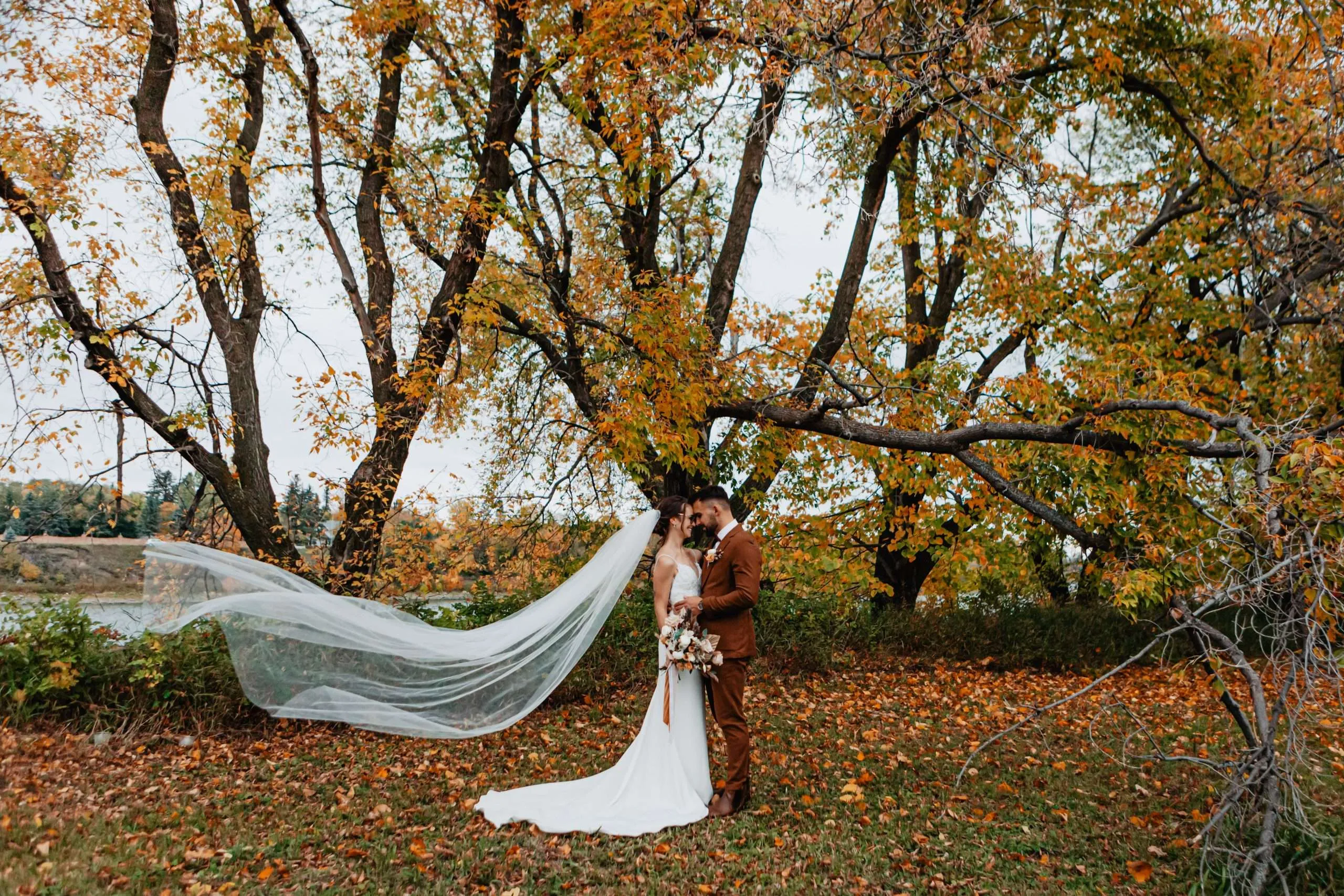 wedding photographer in winnipeg with autumn leaves